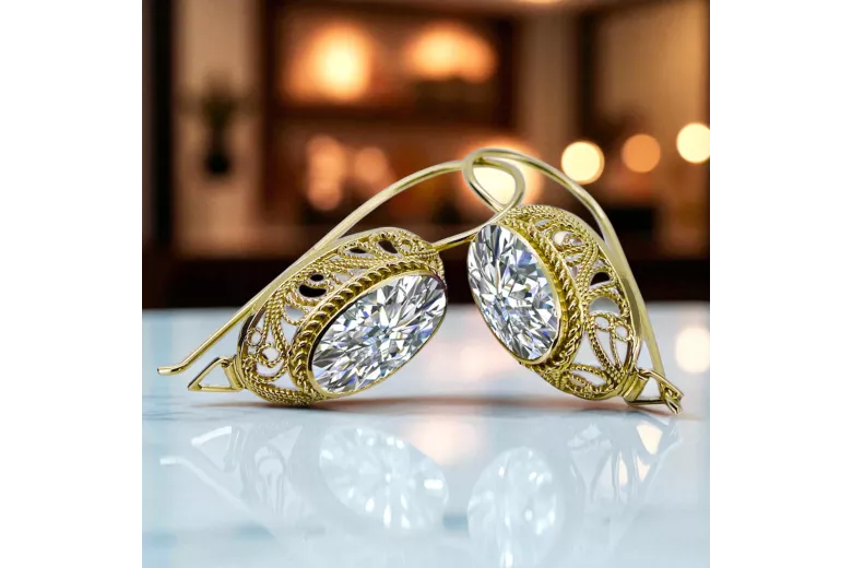 Циркон 14K жълто злато Обеци Винтидж крафт vec023y